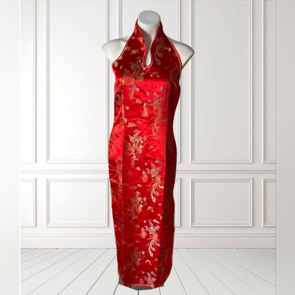 Red Brocade Halter Midi Dress